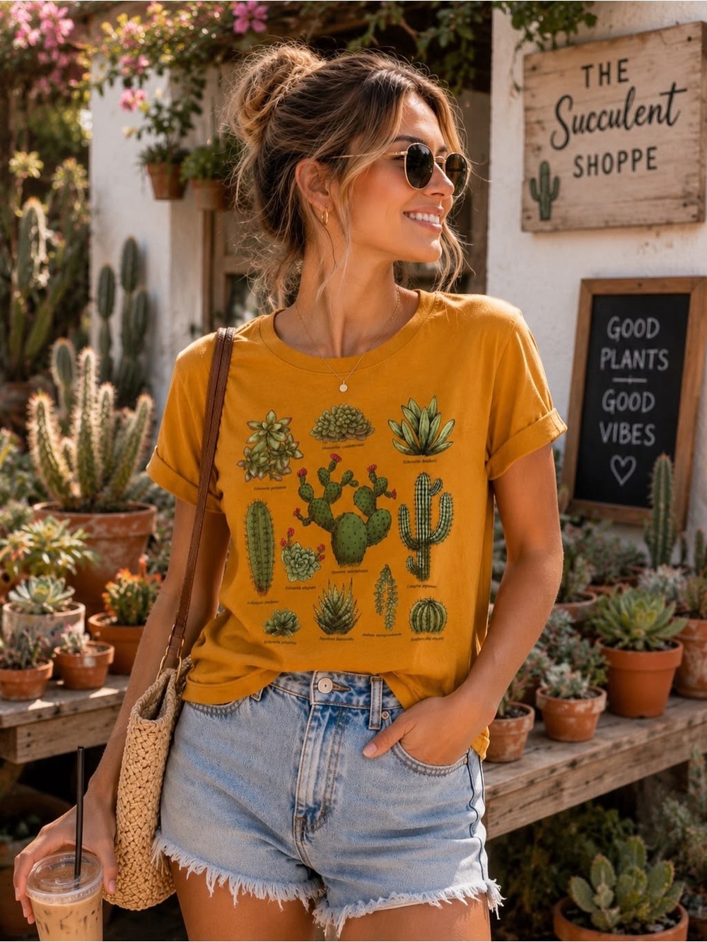 Desert Cactus Graphic Tee XL Yellow Botanical Shirt